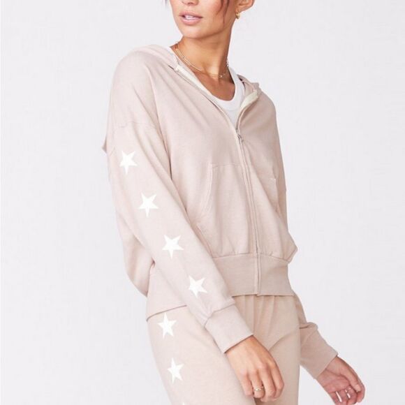 Monrow Printed Star Boxy Hoodie in Taupe Size Small - Picture 1 of 15